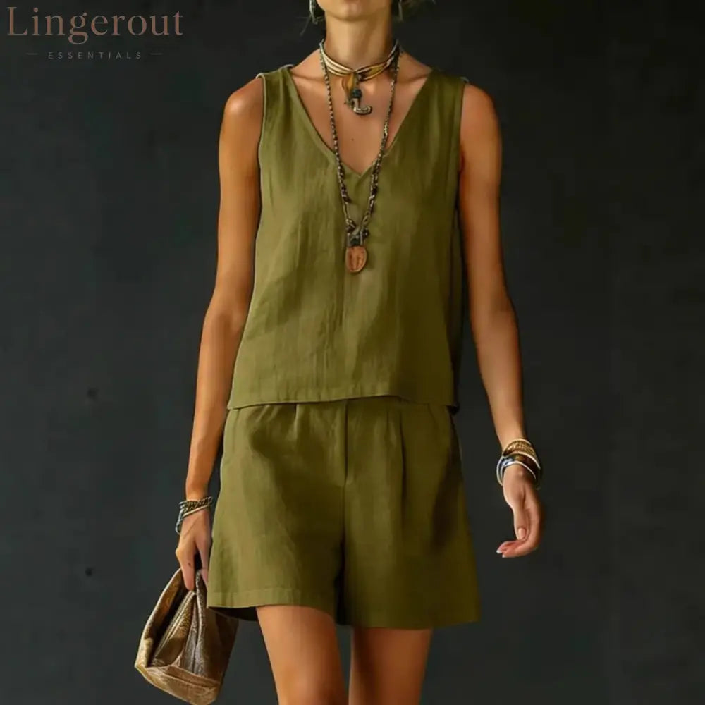 Casual V-Neck Sleeveless Top & Shorts Set