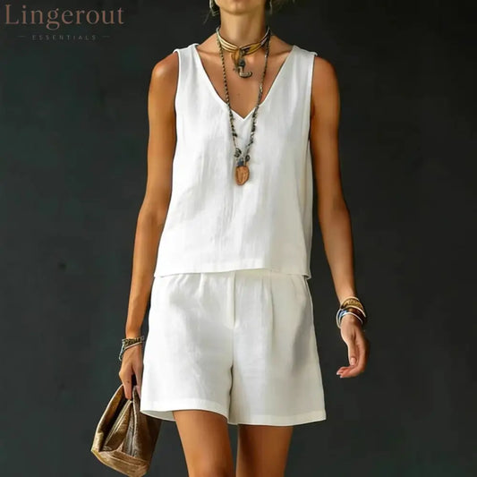Casual V-Neck Sleeveless Top & Shorts Set
