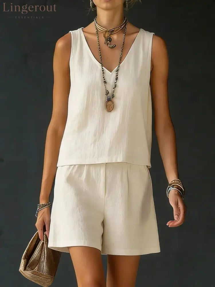 Casual V-Neck Sleeveless Top & Shorts Set - Ivory white / S