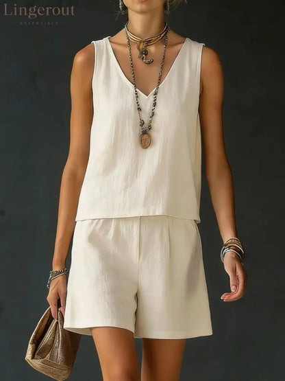 Casual V-Neck Sleeveless Top & Shorts Set - Ivory white / S