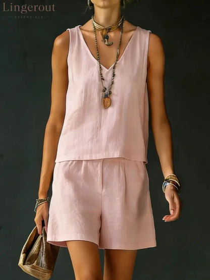 Casual V-Neck Sleeveless Top & Shorts Set - Pink / S