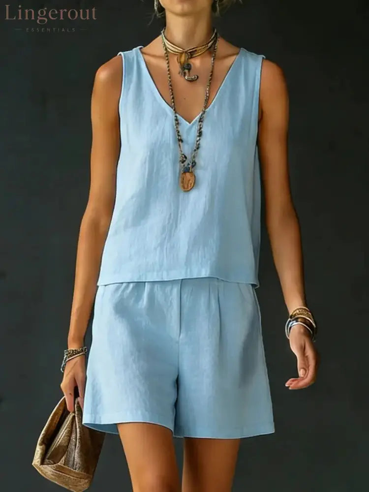 Casual V-Neck Sleeveless Top & Shorts Set - Sky blue / S
