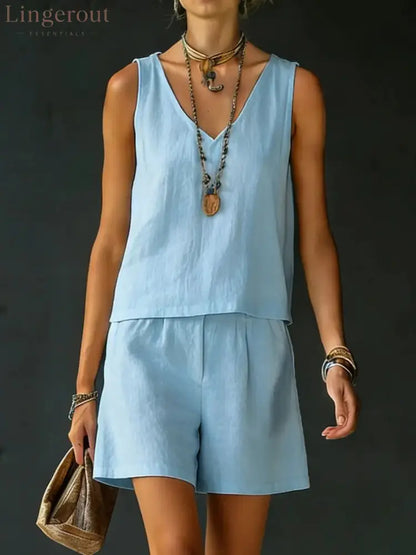 Casual V-Neck Sleeveless Top & Shorts Set - Sky blue / S