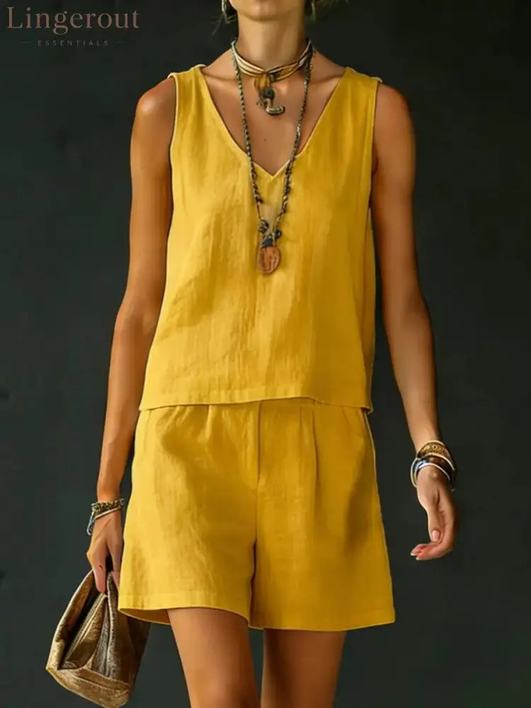 Casual V-Neck Sleeveless Top & Shorts Set - Yellow / S