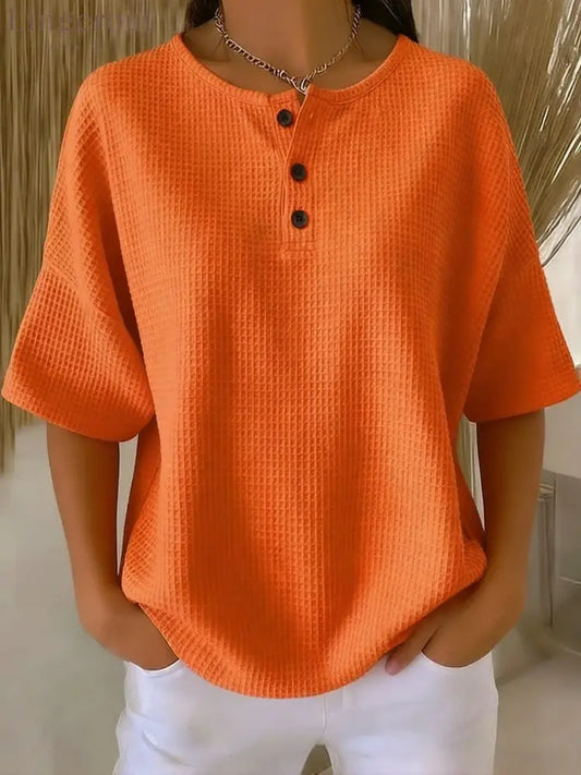 Casual Waffle Henry Collar Sweatshirt - Orange / S