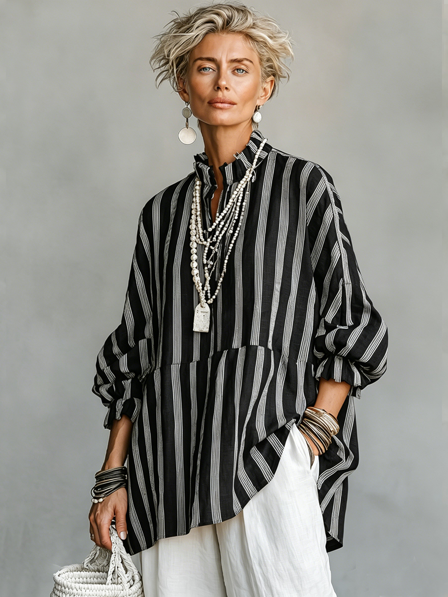 Women's Casual Retro Stand Collar, Vertical Stripes, Linen Blend, Half-Sleeves Loose-Fit Shirt ZMZ2818E2ZYY