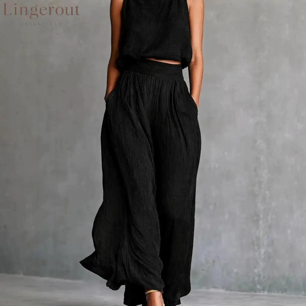 Chartreuse Textured Linen Matching Set Sleeveless Tank Top & High Waist Flowy Wide Leg Pants