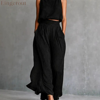 Chartreuse Textured Linen Matching Set Sleeveless Tank Top & High Waist Flowy Wide Leg Pants