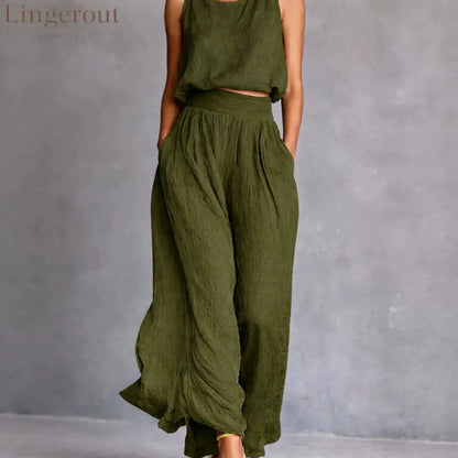 Chartreuse Textured Linen Matching Set Sleeveless Tank Top & High Waist Flowy Wide Leg Pants