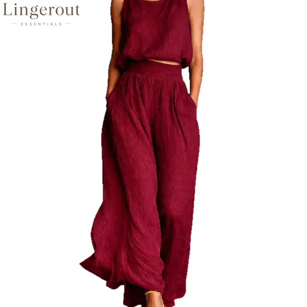 Chartreuse Textured Linen Matching Set Sleeveless Tank Top & High Waist Flowy Wide Leg Pants