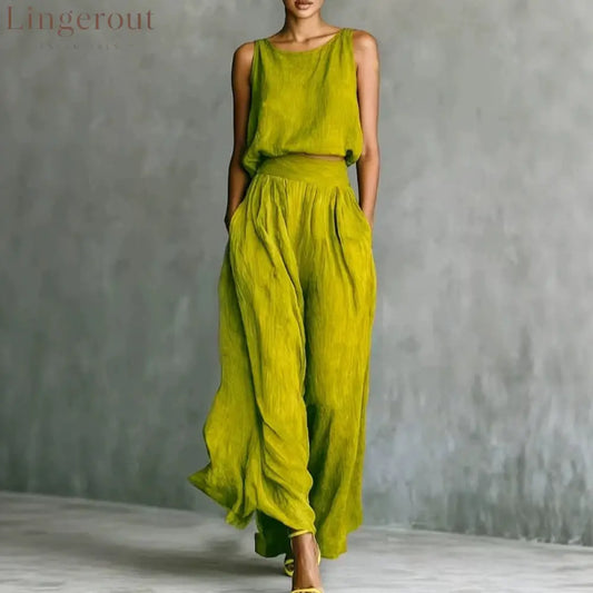 Chartreuse Textured Linen Matching Set Sleeveless Tank Top & High Waist Flowy Wide Leg Pants