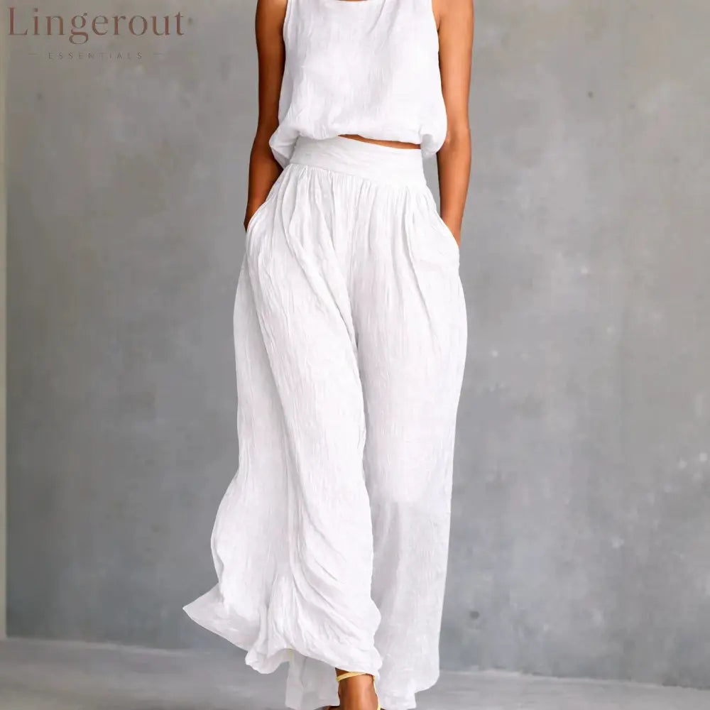 Chartreuse Textured Linen Matching Set Sleeveless Tank Top & High Waist Flowy Wide Leg Pants