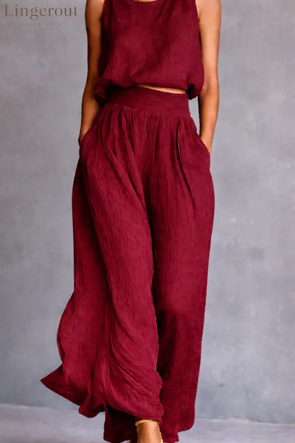 Chartreuse Textured Linen Matching Set Sleeveless Tank Top & High Waist Flowy Wide Leg Pants - Deep red / S