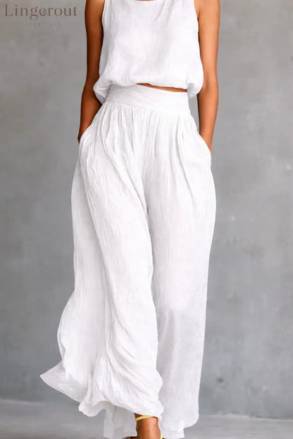 Chartreuse Textured Linen Matching Set Sleeveless Tank Top & High Waist Flowy Wide Leg Pants - White / S