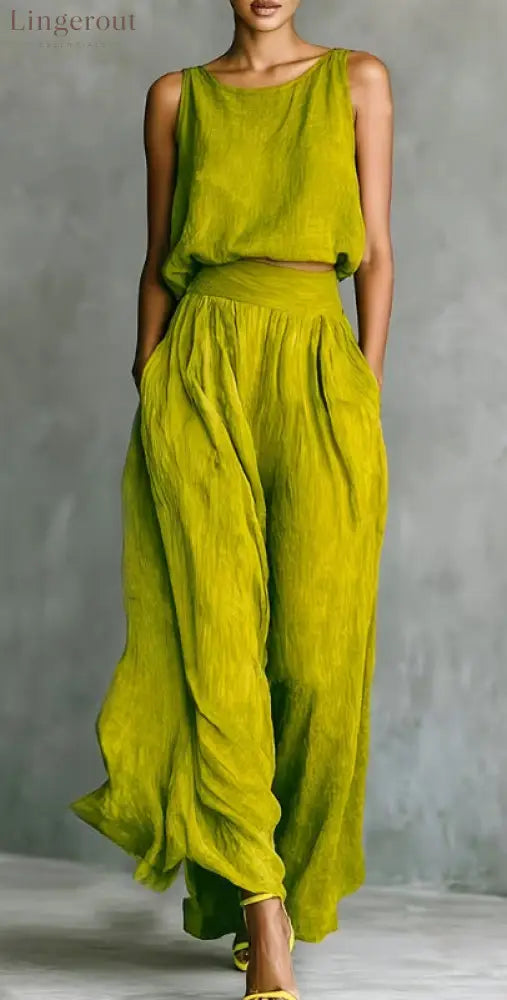Chartreuse Textured Linen Matching Set Sleeveless Tank Top & High Waist Flowy Wide Leg Pants - Yellow-green / S