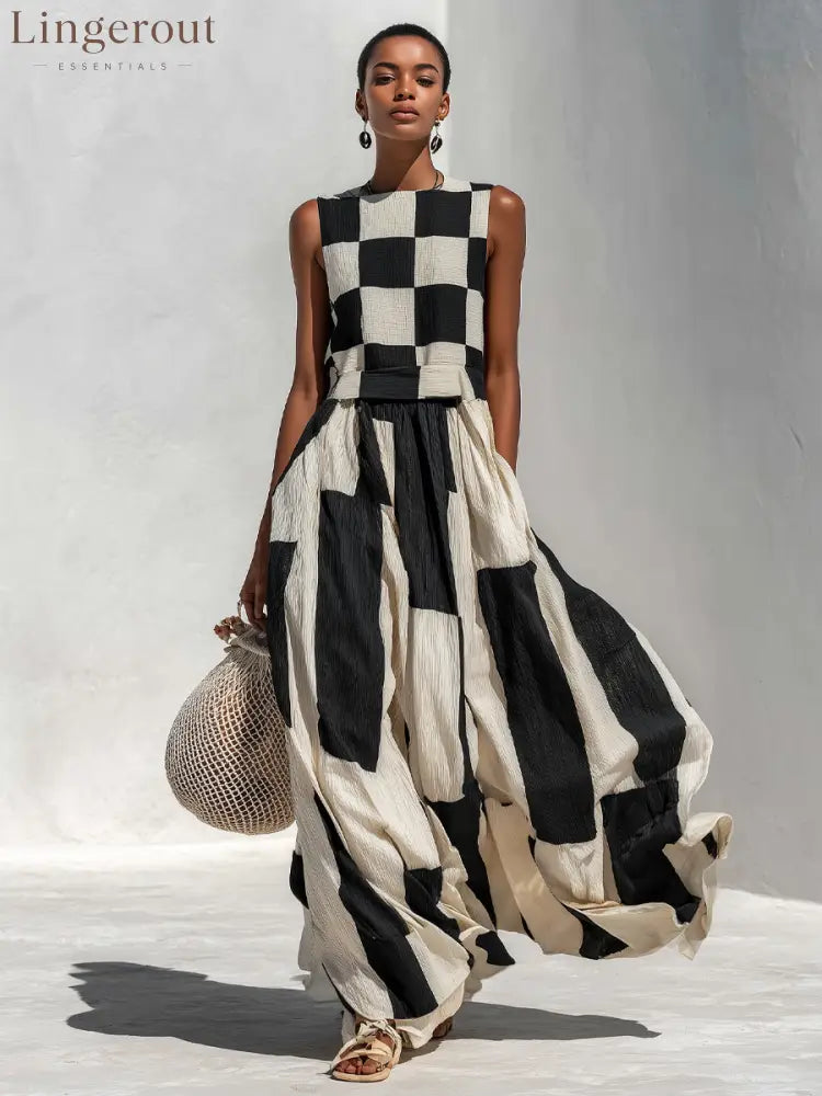 Checkerboard Patchwork Sleeveless Maxi Dress - Maxi Dress