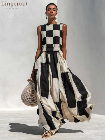 Checkerboard Patchwork Sleeveless Maxi Dress - Maxi Dress