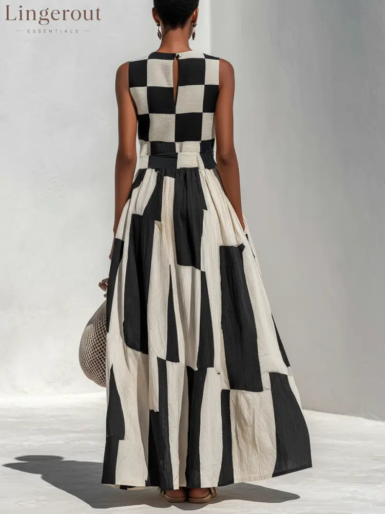 Checkerboard Patchwork Sleeveless Maxi Dress - Maxi Dress