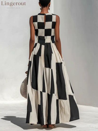 Checkerboard Patchwork Sleeveless Maxi Dress - Maxi Dress