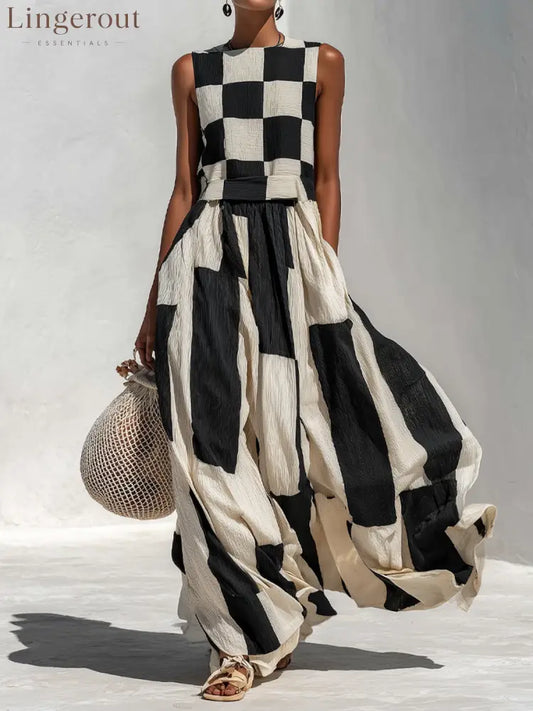 Checkerboard Patchwork Sleeveless Maxi Dress - Black and Beige / XS - Maxi Dress