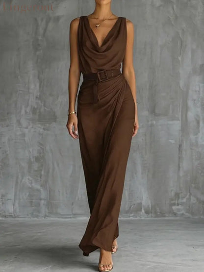Chic And Sophisticated Cowl-neck Dress - Brown / S