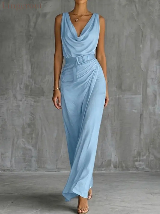 Chic And Sophisticated Cowl-neck Dress - LightBlue / S