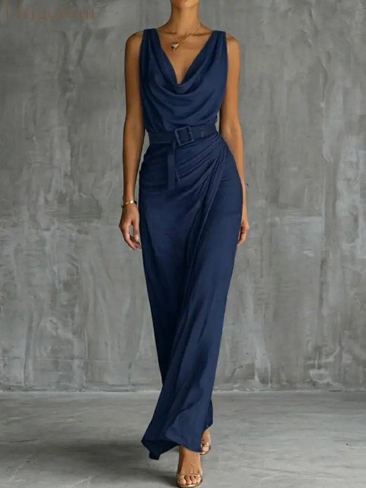 Chic And Sophisticated Cowl-neck Dress - Navy / S