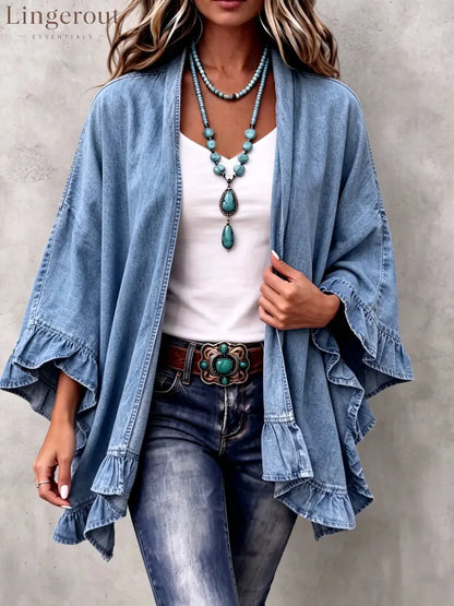 Chic Boho Denim Ruffle Trim Cardigan