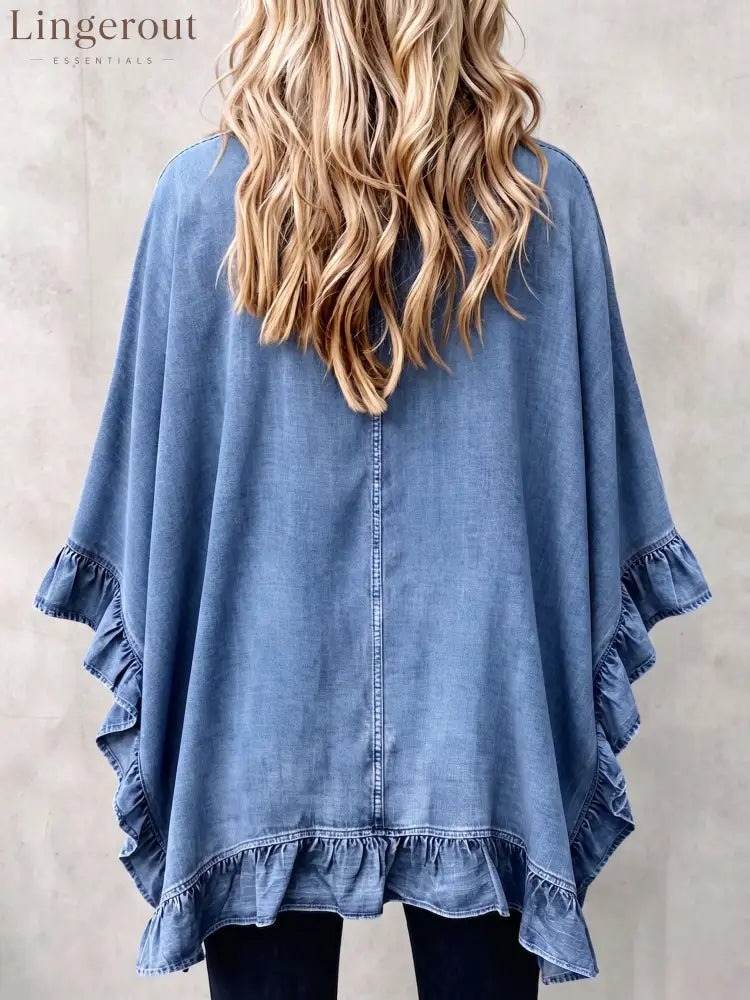 Chic Boho Denim Ruffle Trim Cardigan