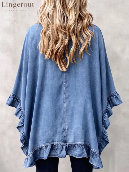 Chic Boho Denim Ruffle Trim Cardigan