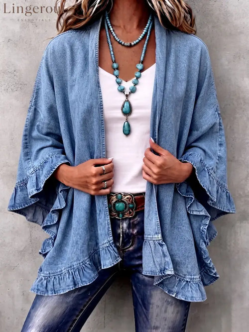 Chic Boho Denim Ruffle Trim Cardigan - Blue / S
