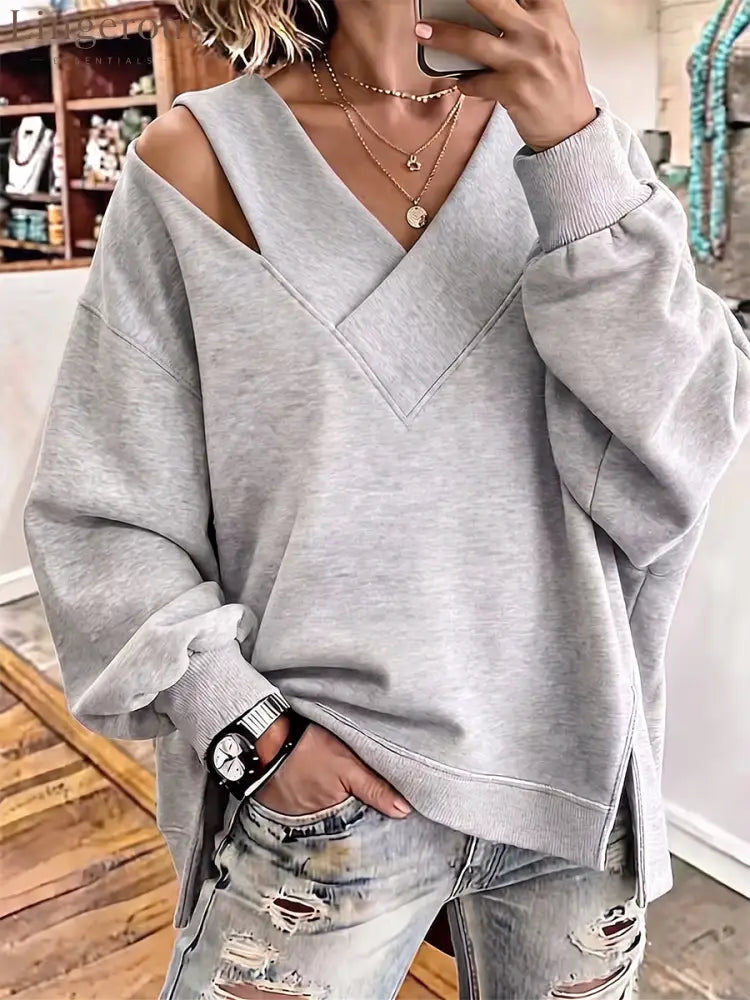 Chic Cutout V-Neck Oversized Sweatshirt - Grey / S