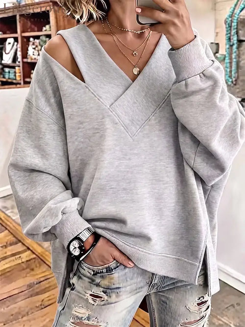 Chic Cutout V-Neck Oversized Sweatshirt - Grey / S