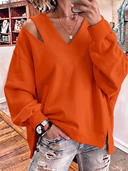 Chic Cutout V-Neck Oversized Sweatshirt - Orange / S