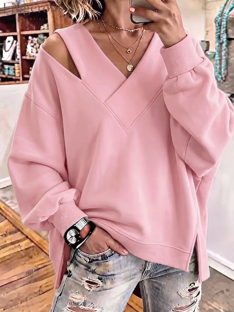 Chic Cutout V-Neck Oversized Sweatshirt - Pink / S