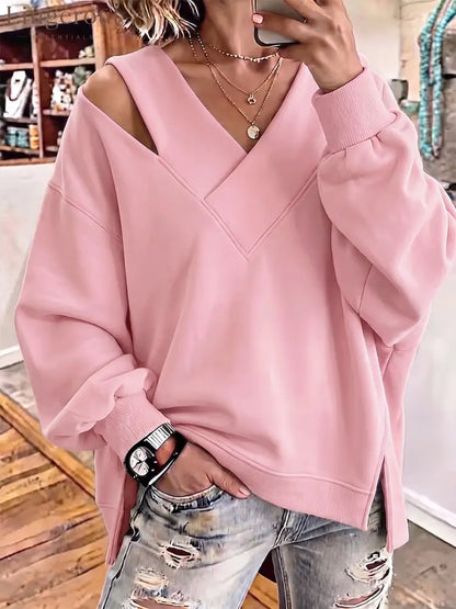 Chic Cutout V-Neck Oversized Sweatshirt - Pink / S