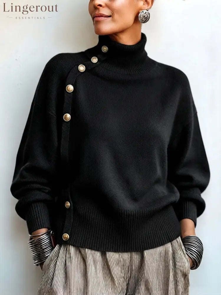 Chic Elegant Asymmetrical Button Turtleneck Sweater - Black / S