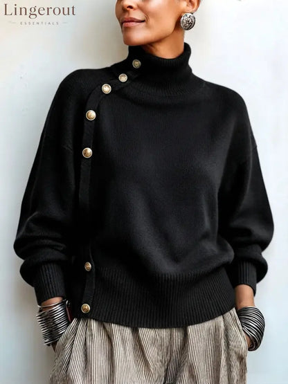 Chic Elegant Asymmetrical Button Turtleneck Sweater - Black / S