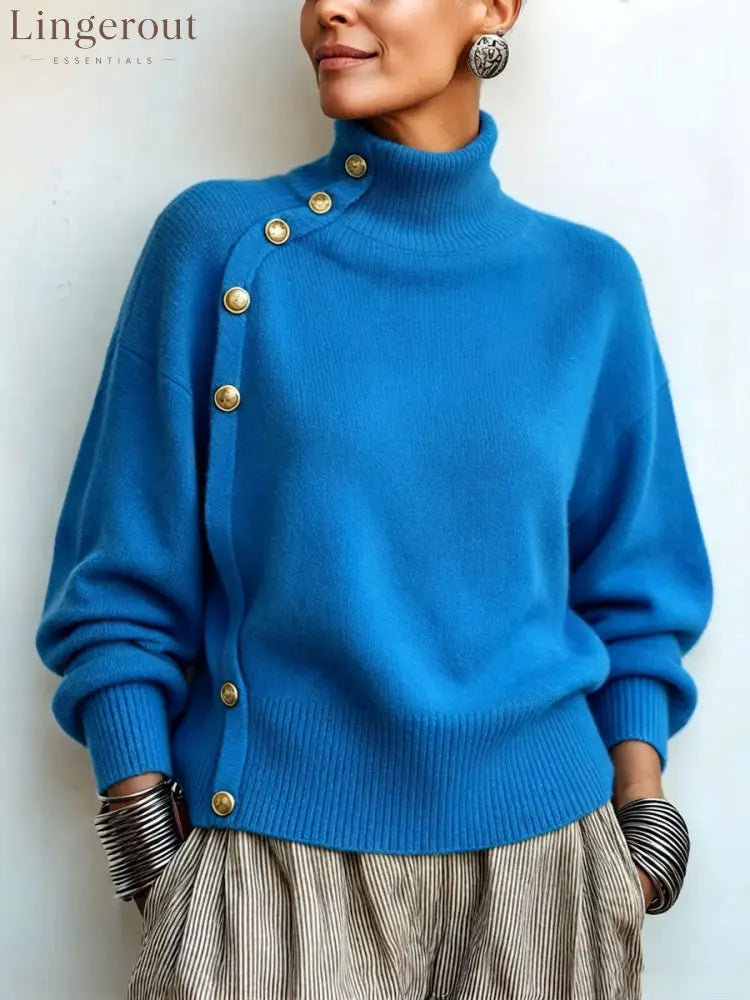 Chic Elegant Asymmetrical Button Turtleneck Sweater - Blue / S