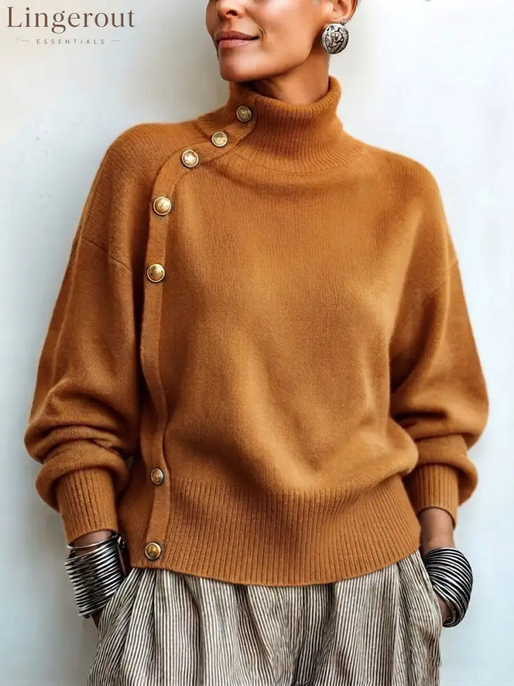 Chic Elegant Asymmetrical Button Turtleneck Sweater - Coffee / S