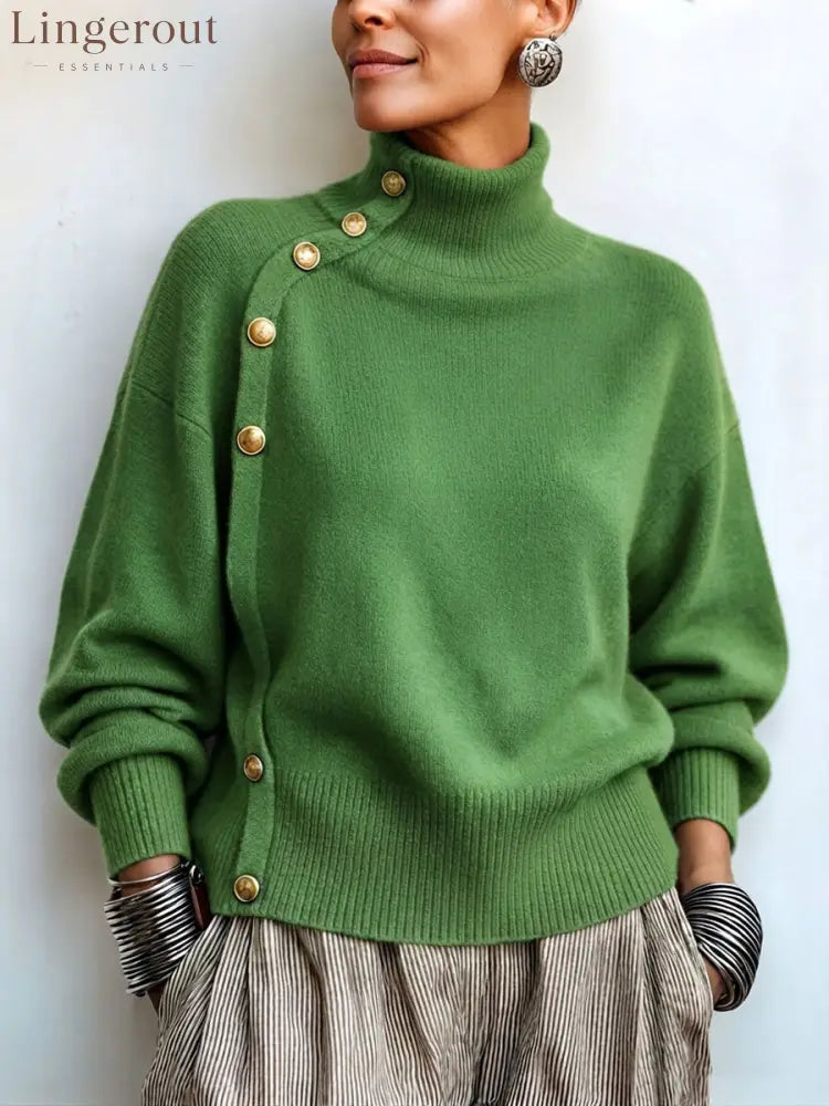 Chic Elegant Asymmetrical Button Turtleneck Sweater - Green / S