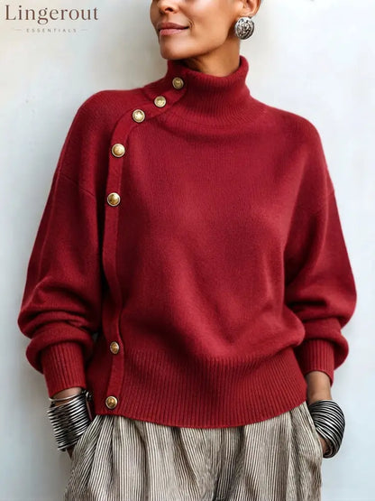 Chic Elegant Asymmetrical Button Turtleneck Sweater - Red / S