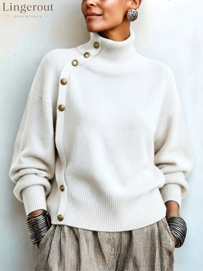 Chic Elegant Asymmetrical Button Turtleneck Sweater - White / S