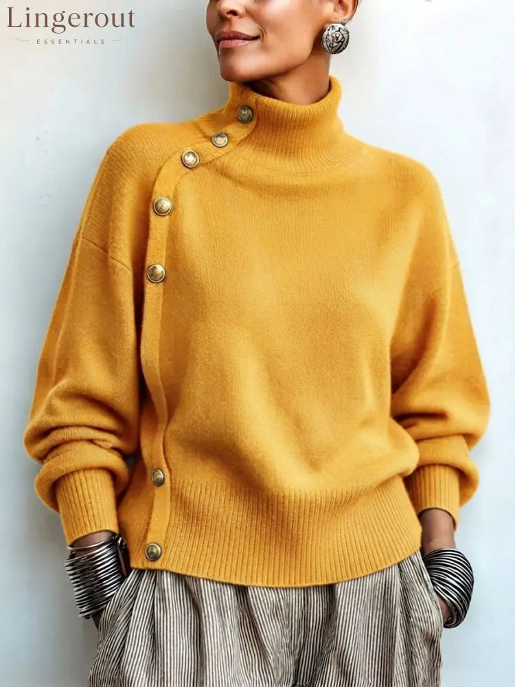 Chic Elegant Asymmetrical Button Turtleneck Sweater - Yellow / S