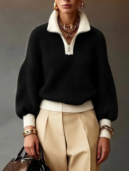 Chic Lavender Contrast-Trim Half-Zip Sweater - Black / S
