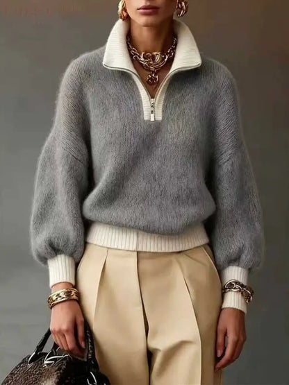 Chic Lavender Contrast-Trim Half-Zip Sweater - Grey / S