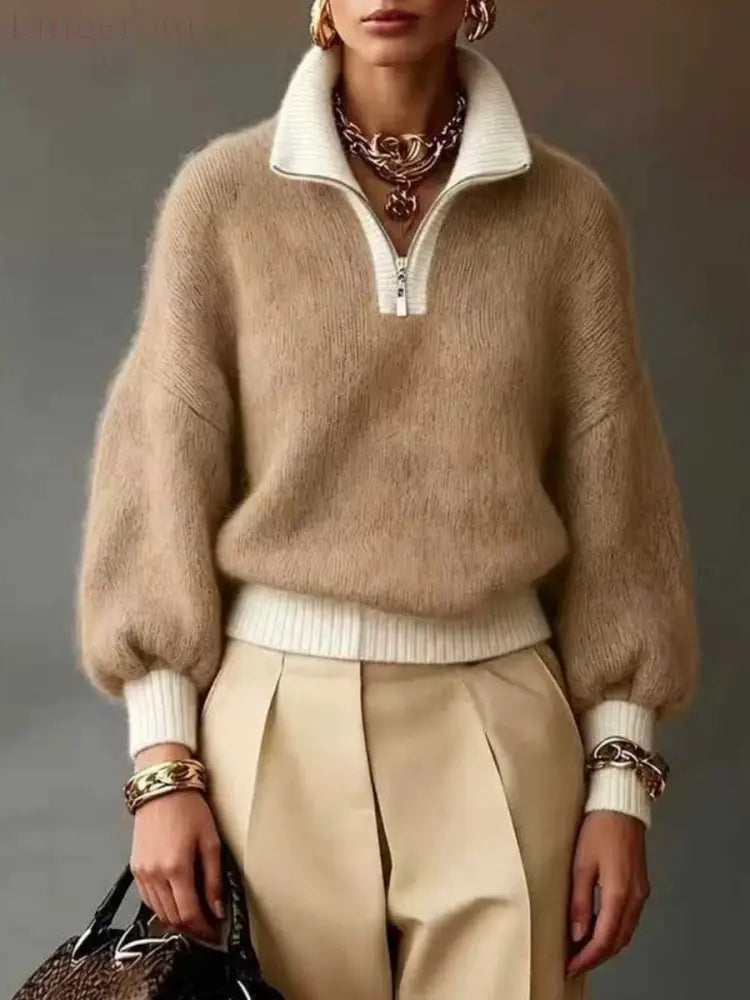 Chic Lavender Contrast-Trim Half-Zip Sweater - Khaki / S