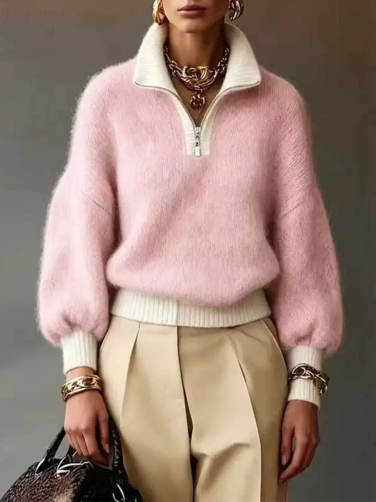 Chic Lavender Contrast-Trim Half-Zip Sweater - Pink / S