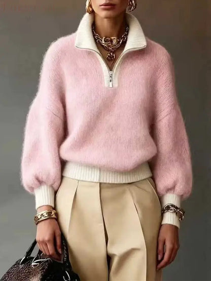 Chic Lavender Contrast-Trim Half-Zip Sweater - Pink / S