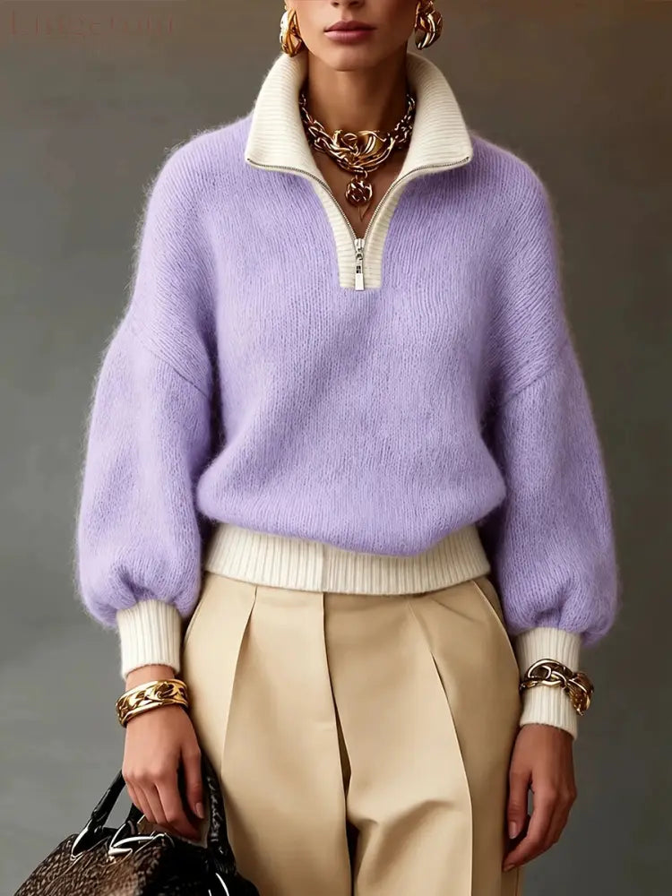 Chic Lavender Contrast-Trim Half-Zip Sweater - Purple / S